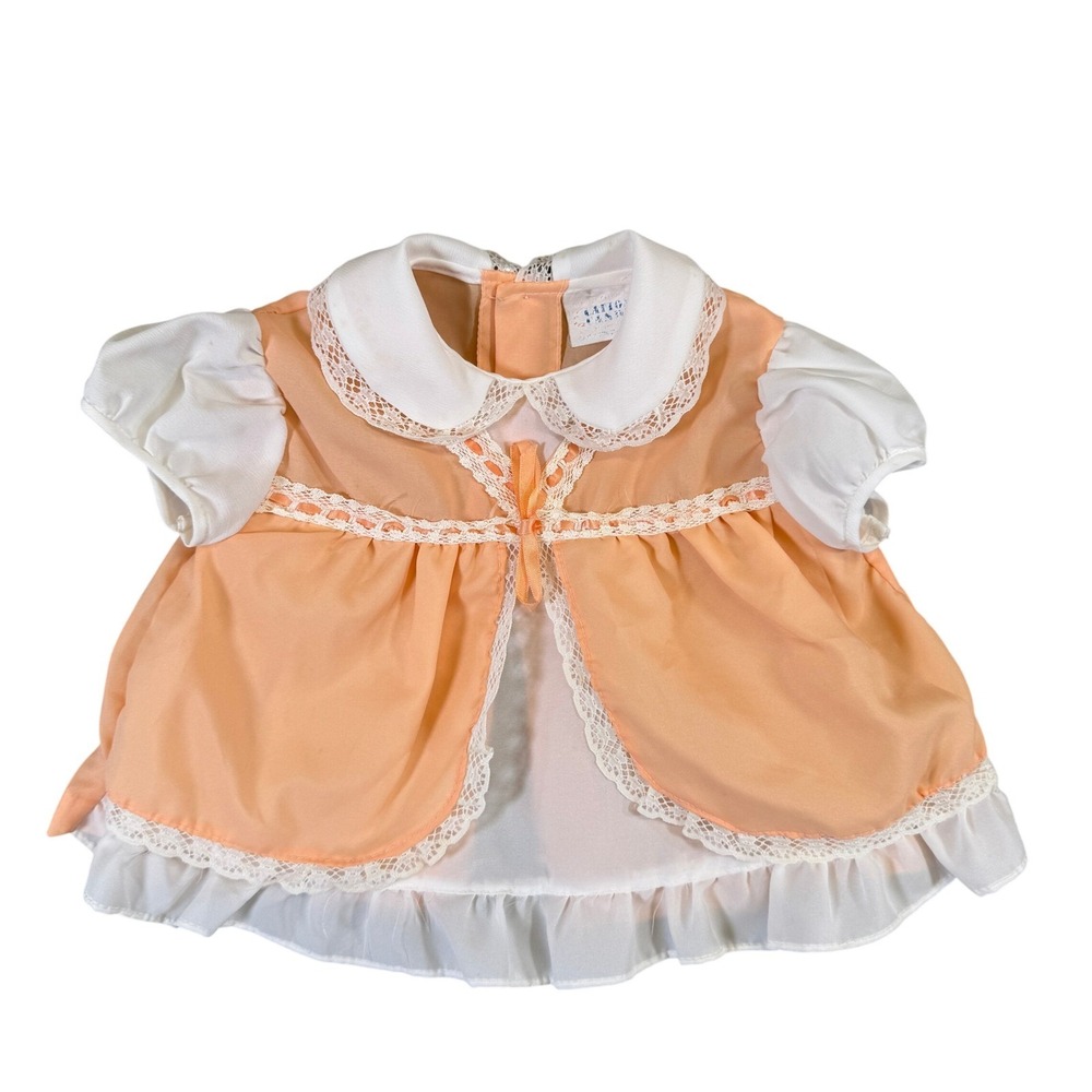 Vintage Cotton Candy Peach White Lace Trim Baby Dress Ruffle Hem Puffy Sleeve